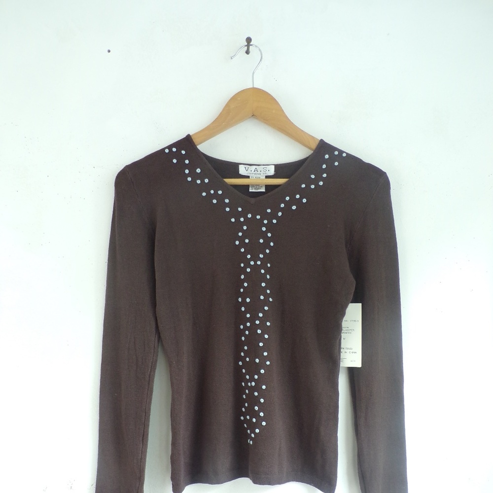 NWT V.A.S Embellished Sweater Brown Blue Knot Trim